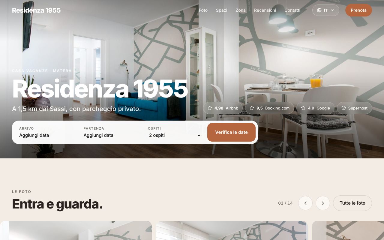 Il sito di Residenza 1955, una casa vacanze a Matera